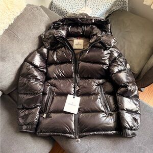 Moncler Glossy Dark Jacket with Logo Patch